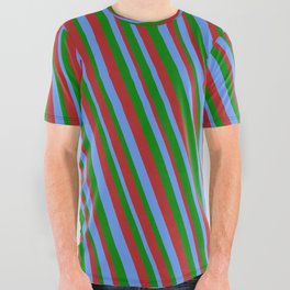 [ Thumbnail: Cornflower Blue, Green & Red Colored Stripes Pattern All Over Graphic Tee ]
