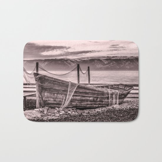 Old rusty boat with net (sepia) Bath Mat