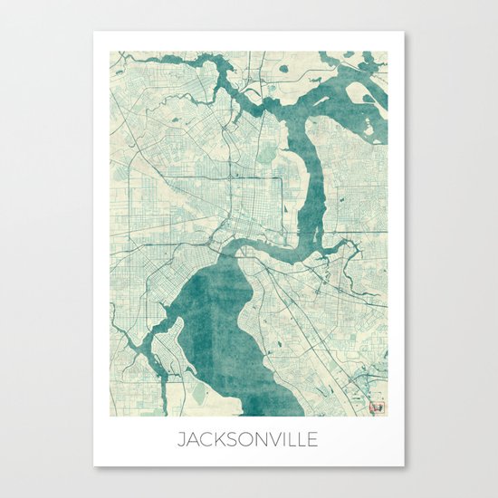 Jacksonville Map Blue Vintage Canvas Print