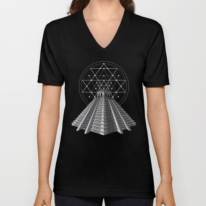 Aztec Pyramid Mayan Mexican Sacred Geometry V Neck T Shirt