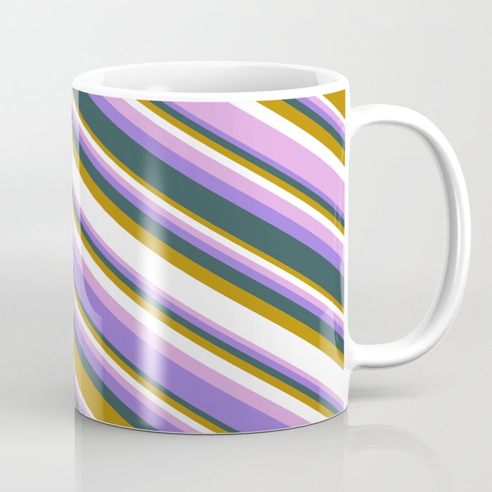 Colorful Dark Goldenrod, White, Plum, Purple & Dark Slate Gray Colored Lines/Stripes Pattern Coffee Mug