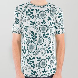 Teal Blue Eastern Floral Pattern All Over Graphic Tee
