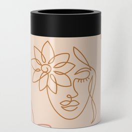 Woman linear face with flowers. Boho colors.  Can Cooler