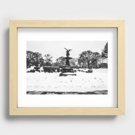 New York City Bethesda Fountain in Central Park during winter snowstorm blizzard black and white Recessed Framed Print