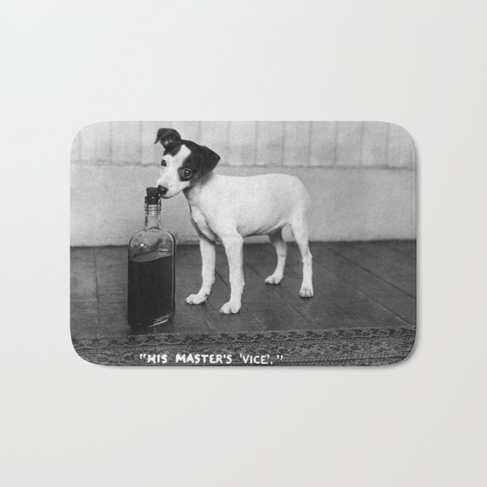 His Master’s Vice; Dog with bottle of master's whiskey black and white photograph - photography - photographs Bath Mat