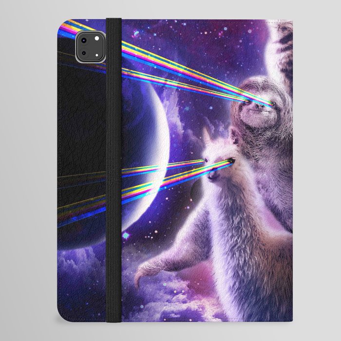 Laser Eyes Space Cat Riding Sloth Llama - Rainbow iPad Folio Case
