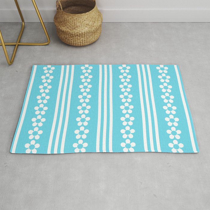 Daisy Chain - White on Turquoise Blue Rug