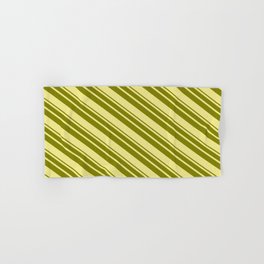 [ Thumbnail: Tan & Green Colored Striped Pattern Hand & Bath Towel ]