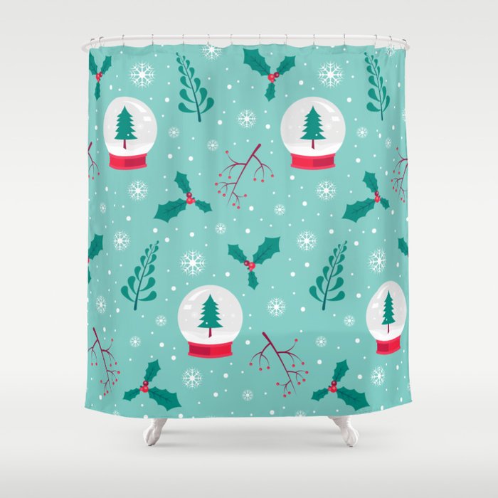 Christmas Pattern Turquoise Tree Globe Mistletoe Shower Curtain
