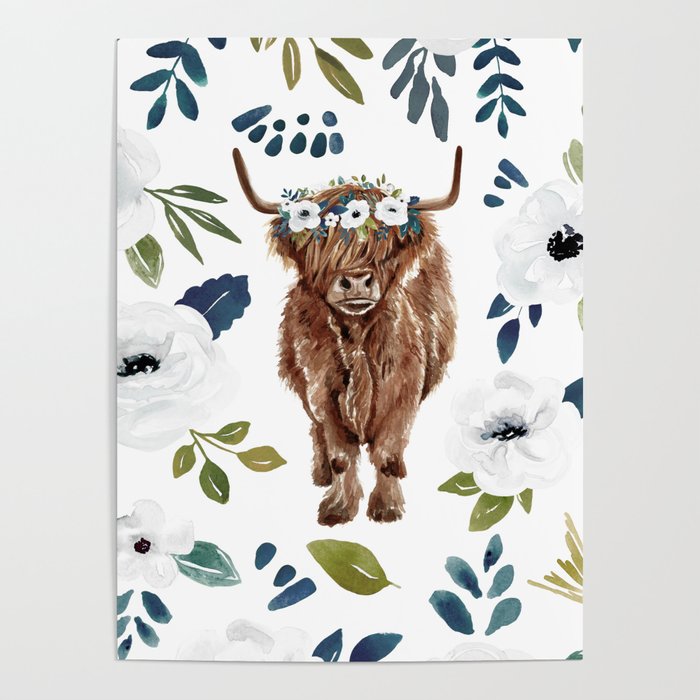 Highland Cow, Highland Cows with Flowers, Flower Crown, Floral Print, Watercolor Poster