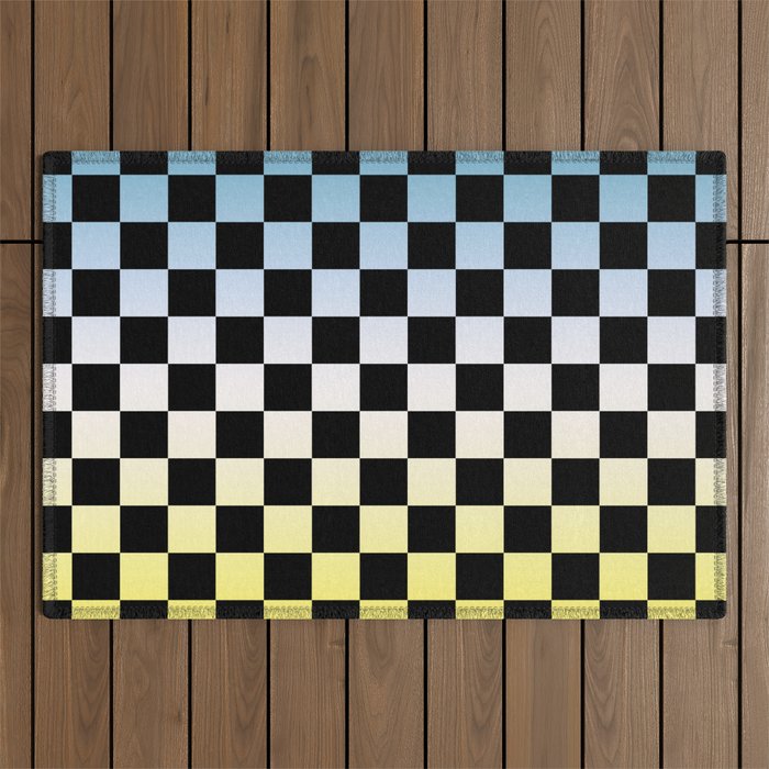 Yellow White Blue Color Gradient Checkerboard Pattern Outdoor Rug