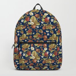 Strawberries Field (navy blue bg) Backpack | Seeds, Ink, Pattern, Leaves, Strawberries, Bouquet, Floral, Strawberry, Watercolor, Painting 