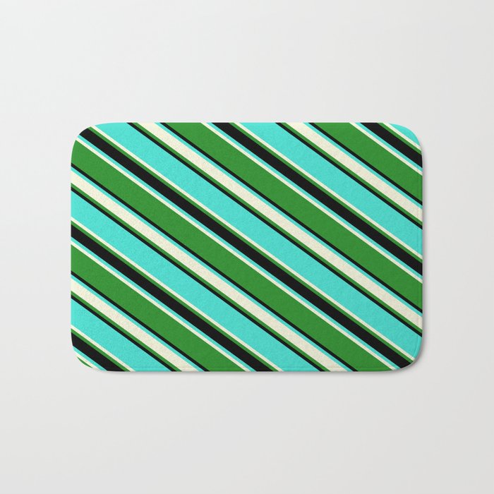 Turquoise, Beige, Forest Green, and Black Colored Lined Pattern Bath Mat