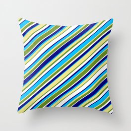 [ Thumbnail: Colorful Blue, Deep Sky Blue, Tan, Green & White Colored Lined Pattern Throw Pillow ]