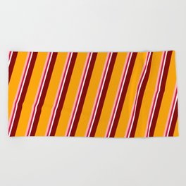 [ Thumbnail: Colorful Maroon, Orange, Light Pink, Crimson, and White Colored Lines/Stripes Pattern Beach Towel ]