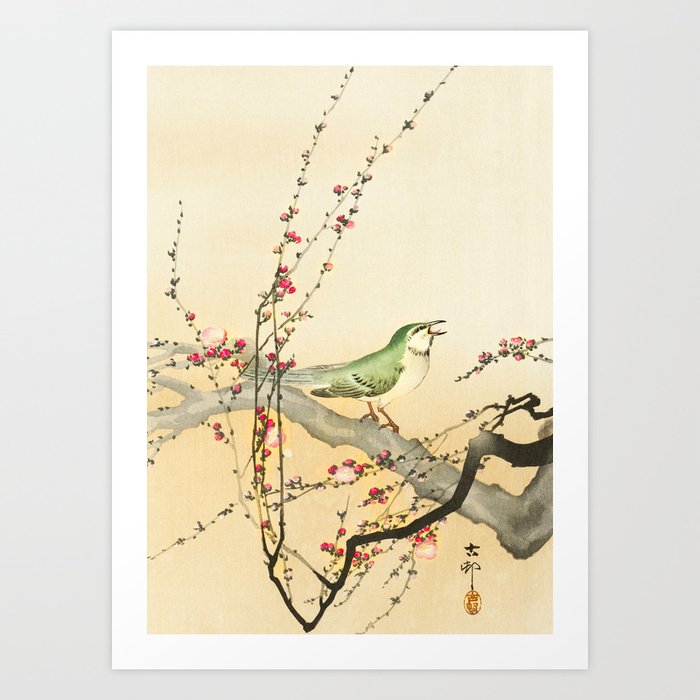 Songbird on peach tree - Vintage Japanese Woodblock Print Art Art Print