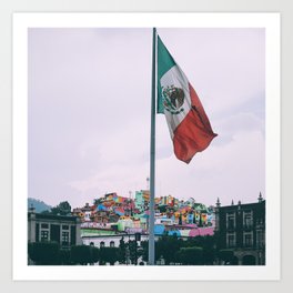 Mexico Photography - The Mexican Flag In Front Of A Colorful City Art Print