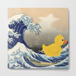 "Unsuspecting Duck," cancel culture - woke mob satirical The Great Wave off Kanagawa pop art surfing humorous seascape portrait painting Metal Print