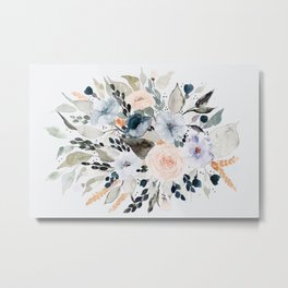 Loose Blue and Peach Floral Watercolor Bouquet  Metal Print