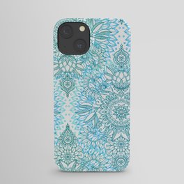 Turquoise Blue, Teal & White Protea Doodle Pattern iPhone Case