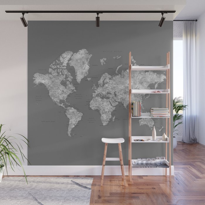 Dark gray watercolor world map with cities, square Wall Mural