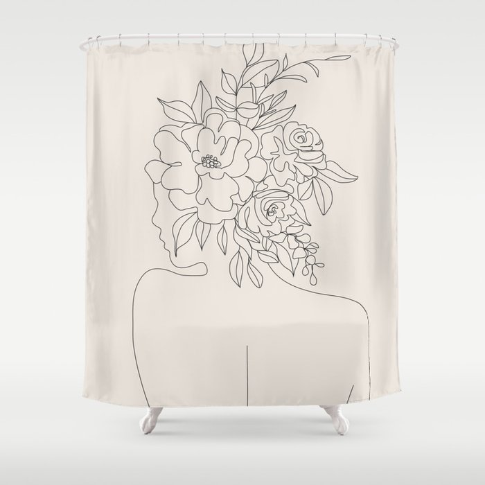 Woman with Flowers Minimal Line I Shower Curtain
