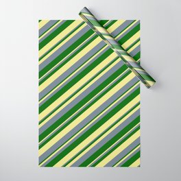 [ Thumbnail: Slate Gray, Dark Green & Tan Colored Lines/Stripes Pattern Wrapping Paper ]