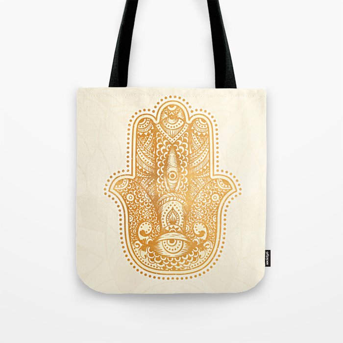 Elegance Hamsa Hand Metallic Gold Beige Tote Bag