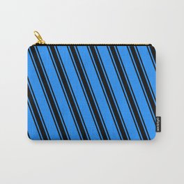 [ Thumbnail: Blue and Black Colored Striped/Lined Pattern Carry-All Pouch ]