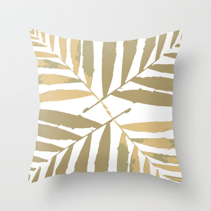 Geometric, gold, white, leaves, pattern, tan, metal, bright, leaf, tropical , society6 Throw Pillow