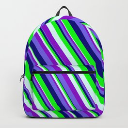 [ Thumbnail: Colorful Light Cyan, Dark Violet, Medium Slate Blue, Blue & Lime Colored Lined Pattern Backpack ]