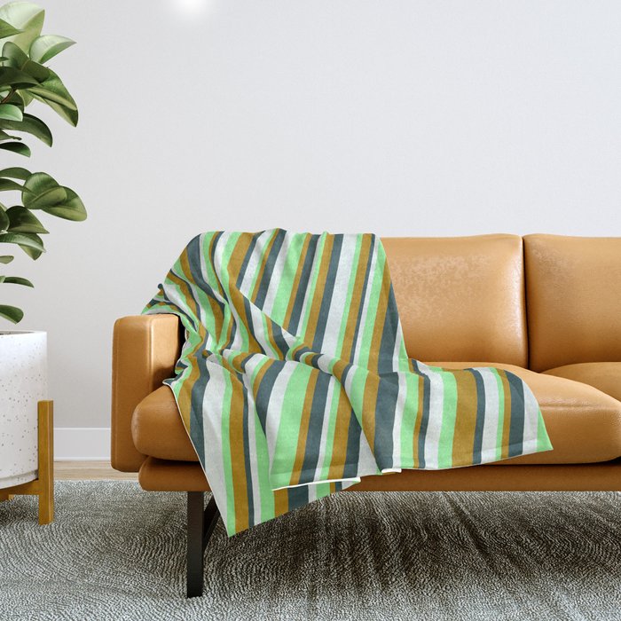 Green, Dark Goldenrod, Dark Slate Gray & Mint Cream Colored Lines/Stripes Pattern Throw Blanket