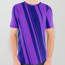 [ Thumbnail: Blue & Purple Colored Pattern of Stripes All Over Graphic Tee ]