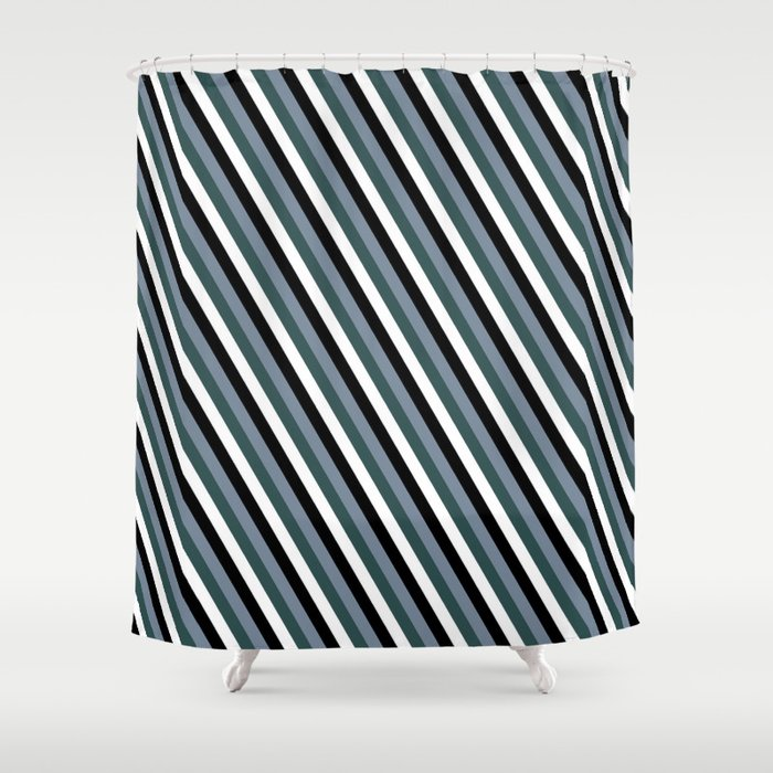 White, Black, Light Slate Gray, and Dark Slate Gray Colored Stripes/Lines Pattern Shower Curtain