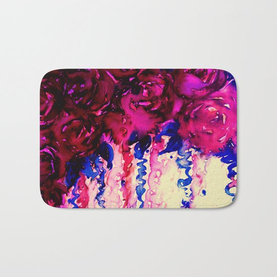 PETALS ON PARADE, Oxblood Marsala Red Royal Blue Floral Abstract Watercolor Roses Flowers Painting Bath Mat