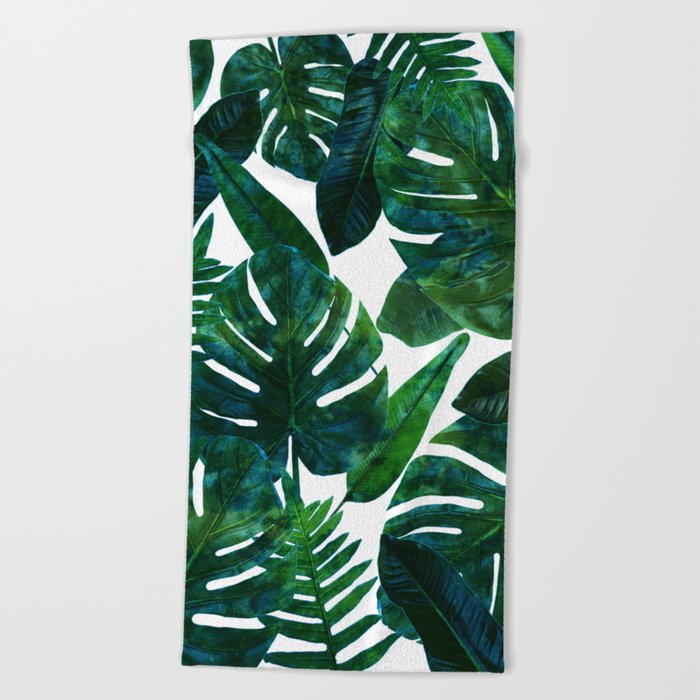 Tropical Nature Monstera Watercolor Painting, Botanical Jungle Dark Palm Illustration Beach Towel