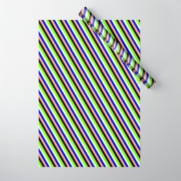 [ Thumbnail: Vibrant Green, Light Cyan, Blue, Light Salmon & Black Colored Stripes/Lines Pattern Wrapping Paper ]