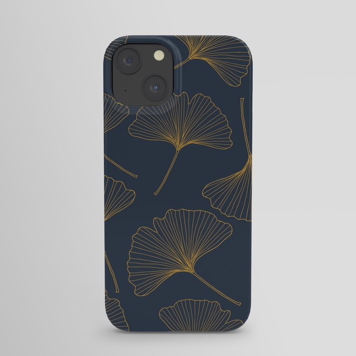 Navy Blue and Gold Ginkgo leaves pattern iPhone Case