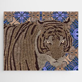 Tiger on abstract stripey wavy blue and brown pattern Jigsaw Puzzle