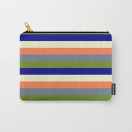 [ Thumbnail: Eye-catching Coral, Slate Gray, Green, Dark Blue & Light Yellow Colored Striped Pattern Carry-All Pouch ]