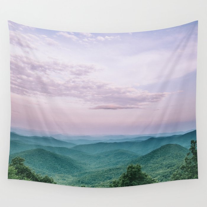 Pink Sunset over the Blue Ridge Mountains Wall Tapestry