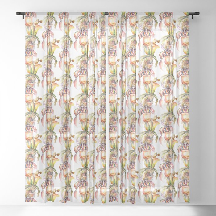 Watercolor Paphiopedilum  Orchids in Vivid Colors Sheer Curtain