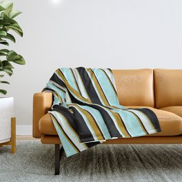 [ Thumbnail: Black, Dark Goldenrod, Turquoise & Mint Cream Colored Lined Pattern Throw Blanket ]