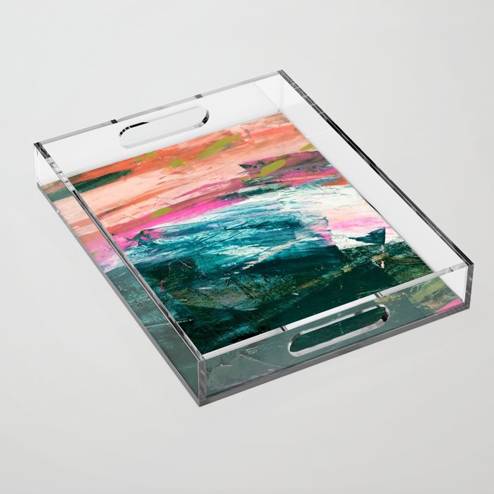 Meditate [4]: a vibrant, colorful abstract piece in bright green, teal, pink, orange, and white Acrylic Tray