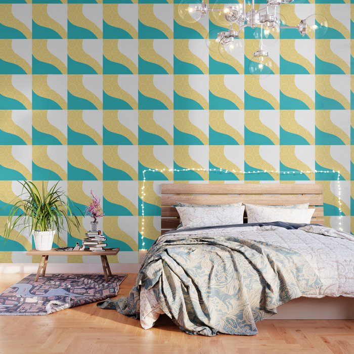 Simple Waves - Floral Pattern Turquoise and Yellow Wallpaper