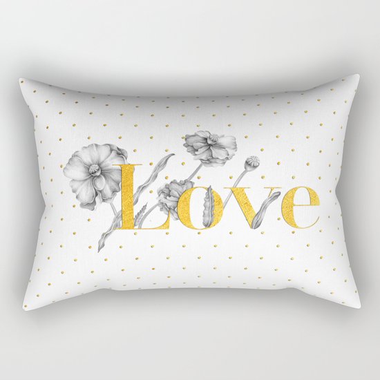 Love - Gold flowers and polkadots on white Rectangular Pillow