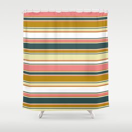 [ Thumbnail: Dark Slate Gray, Pale Goldenrod, Light Coral, Dark Goldenrod, and White Colored Striped Pattern Shower Curtain ]
