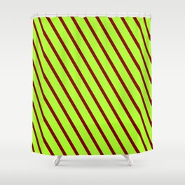 [ Thumbnail: Light Green and Maroon Colored Stripes/Lines Pattern Shower Curtain ]
