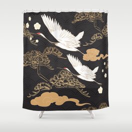 Japanese seamless pattern with crane birds and bonsai trees Shower Curtain