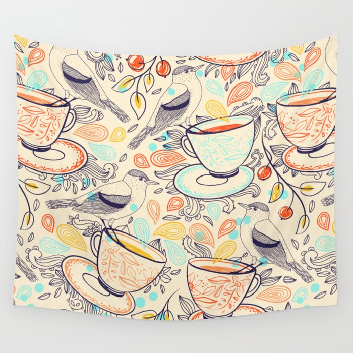 Birds, Flowers, and Tea Cups Pattern Wall Tapestry